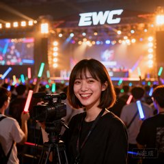 一位年轻女性电竞内容创作者的正面照，她留着齐肩短发笑容灿烂，手持摄像机正在拍摄赛事现场，身后是灯火通明的EWC比赛舞台和挥舞荧光棒的人群